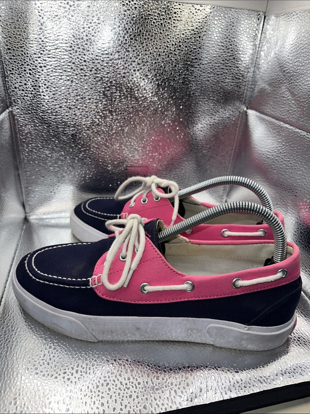 Polo Ralph Lauren Navy and Pink Canvas Boat Shoes with White Laces